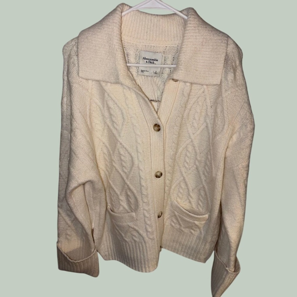 Abercrombie & Fitch Womens Cream Cable Knit Button Front Cardigan Sweater Size S